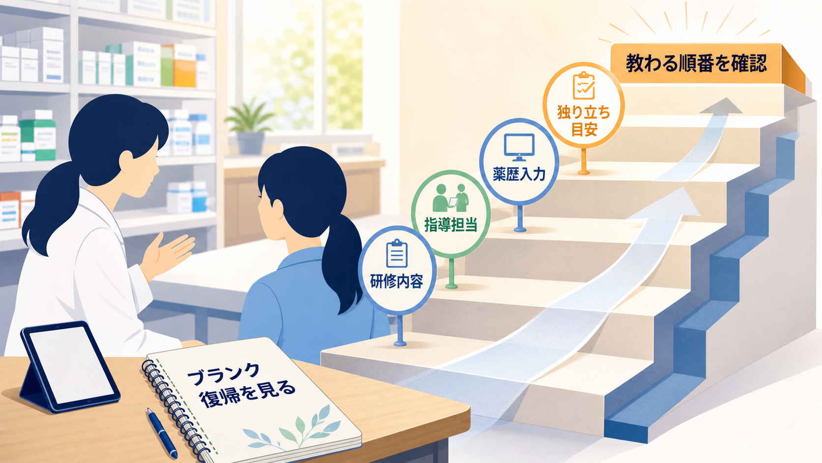 薬剤師パート求人でブランク復帰、研修内容、指導担当、薬歴入力、独り立ち目安を確認する要約画像