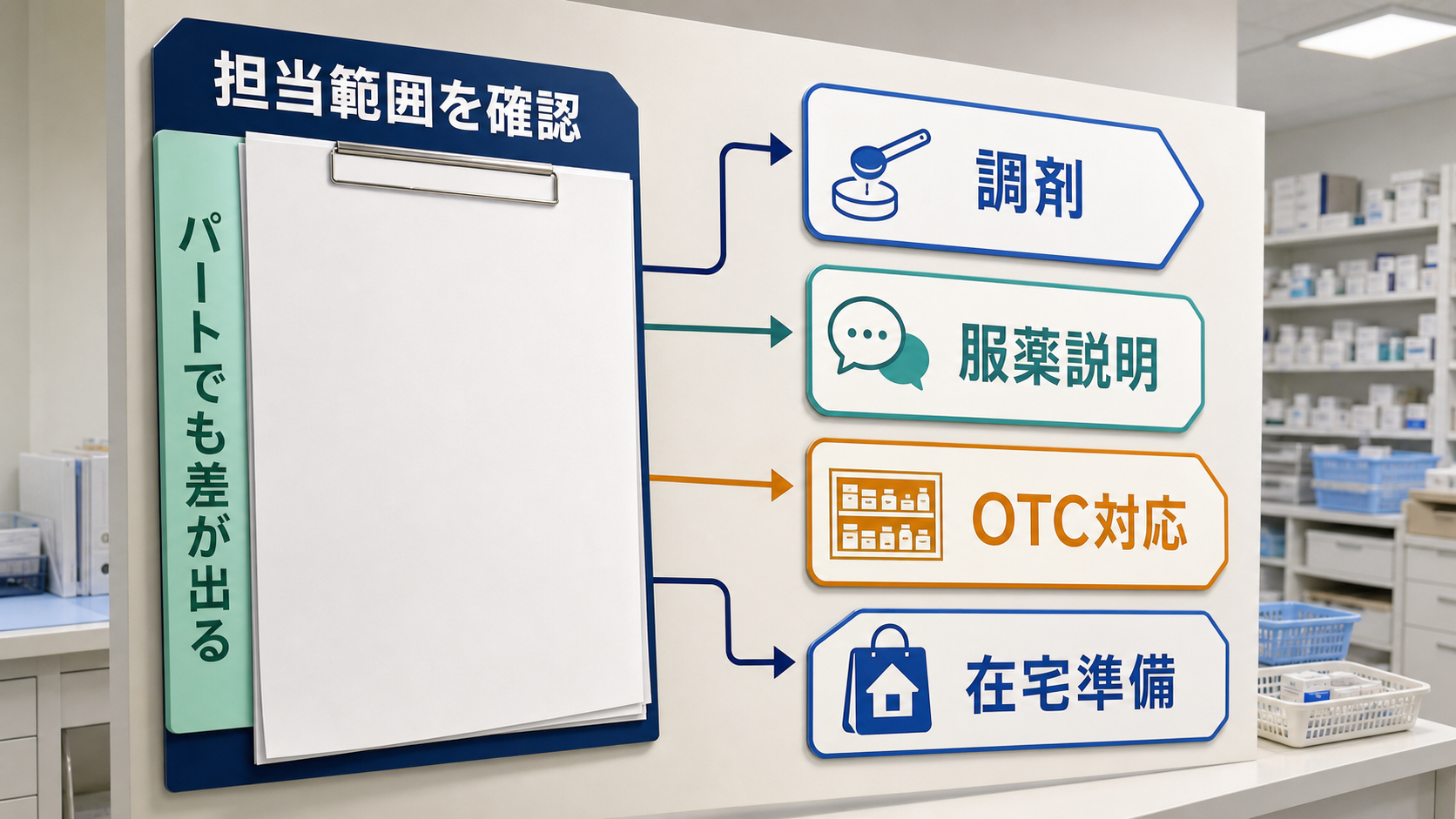 薬剤師パート求人で調剤、服薬説明、OTC対応、在宅準備など担当範囲を確認する要約画像