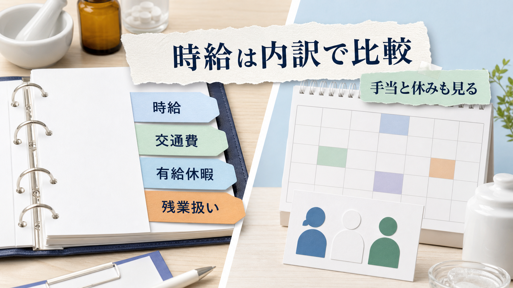 薬剤師パート求人で時給、交通費、有給休暇、残業扱いを内訳で比較する要約画像