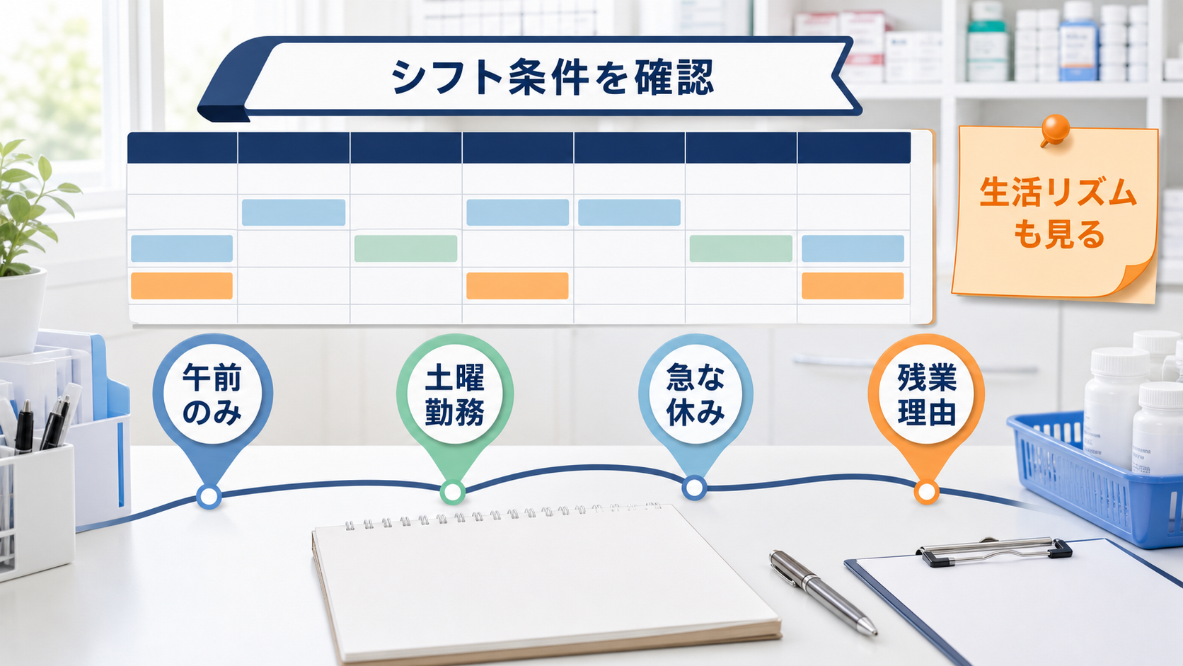 薬剤師パート求人で午前のみ、土曜勤務、急な休み、残業理由などシフト条件を確認する要約画像