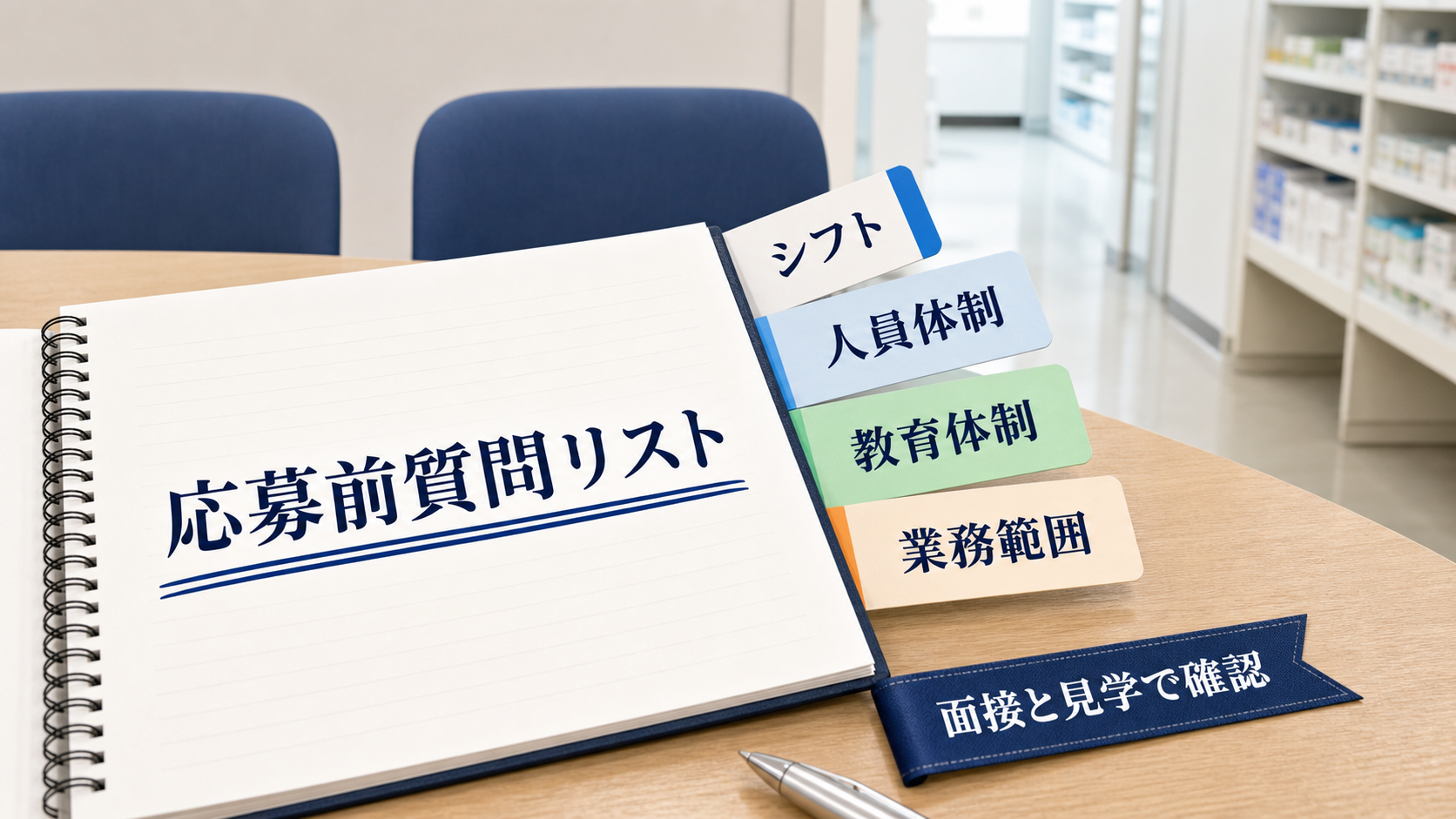 薬剤師パート求人の面接と職場見学でシフト、人員体制、教育体制、業務範囲を質問する要約画像